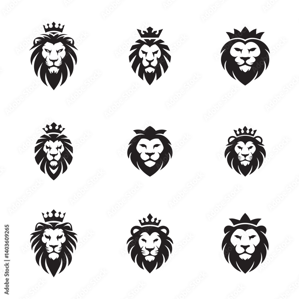 Obraz premium Aggressive Lion Head Logo with Crown in Vector Silhouette Collection