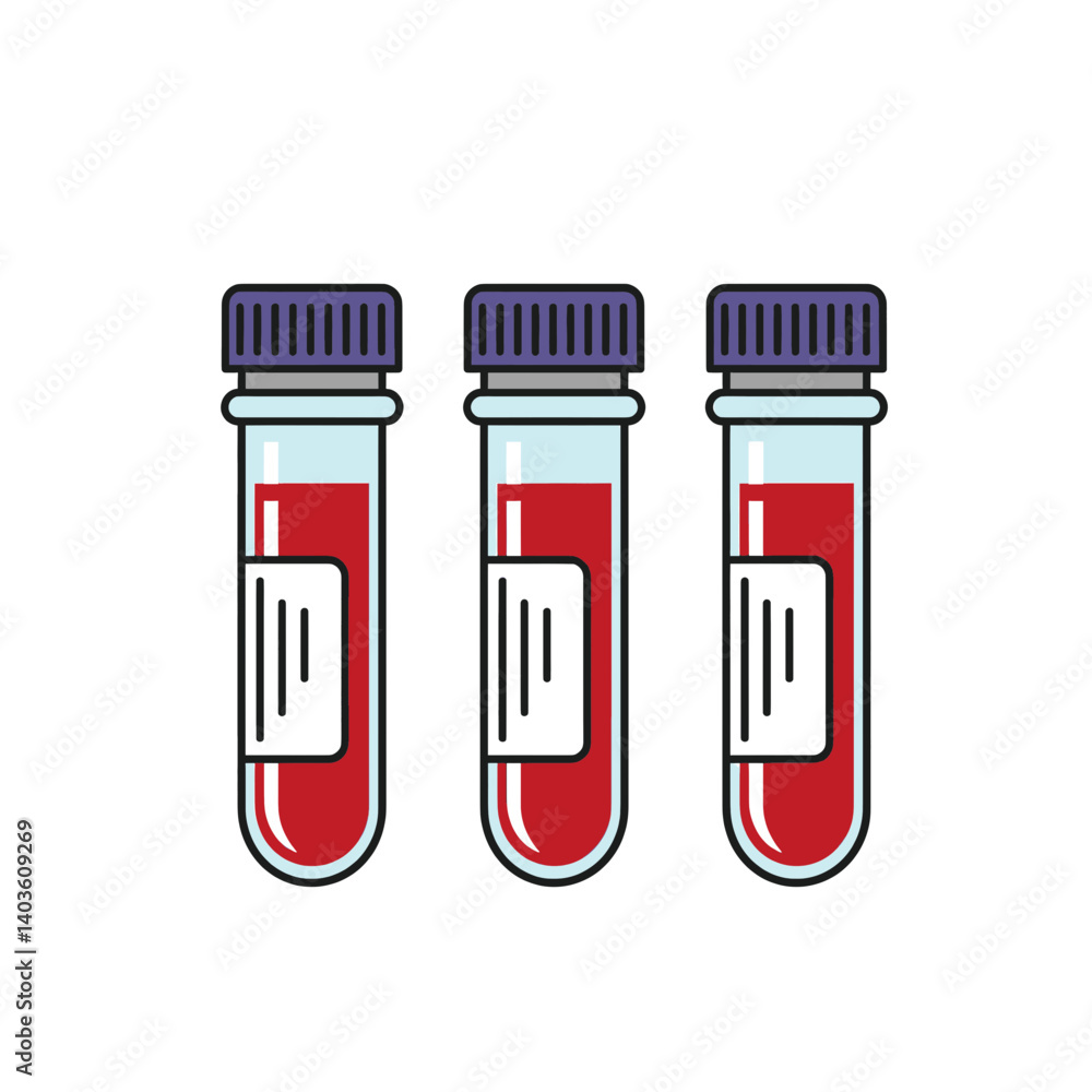 Blood Samples in Test Tubes: A medical illustration featuring three vials filled with bright red liquid, perfectly preserved and ready for analysis. Blood Samples in Test Tubes: A medical illustration featuring three vials filled with bright red liquid, perfectly preserved and ready for analysis.