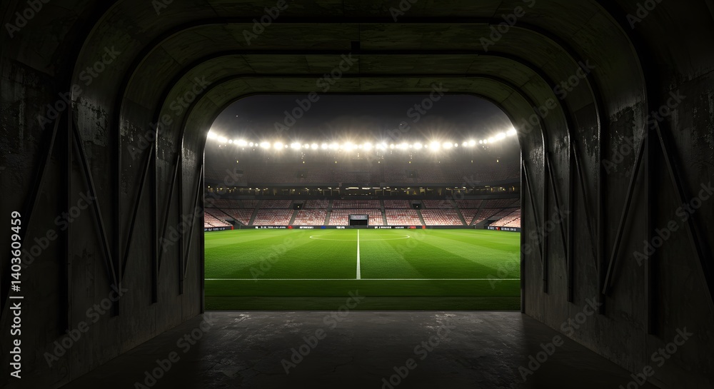 The entrance tunnel of a football stadium opening into the brightly lit pitch under night lights