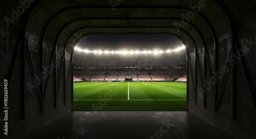 Obraz na płótnie The entrance tunnel of a football stadium opening into the brightly lit pitch under night lights w salonie