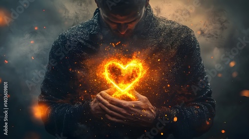 Male figure clutching his chest with a bright radiant heart shaped energy emanating from his body representing emotional or physical pain anguish and inner turmoil