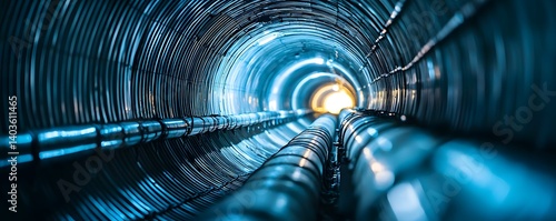 Underwater pipeline transporting goods through an oceanic trade route with a futuristic and abstract blurred motion effect  The image depicts the concept of a high tech efficient