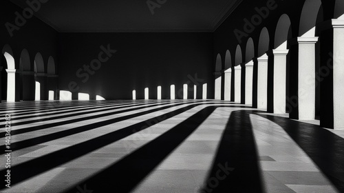 A black and white photograph of a long hallway with arches and columns.