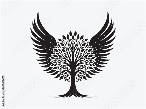 Tree with Angel Wings Silhouette for Spiritual Nature-Inspired Art and Symbolic Designs of Growth and Protection