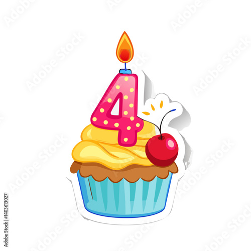 Number 4 cartoon cupcake with cherry and candle