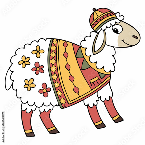 A charming sheep adorned in a vibrant, floral patterned poncho and a festive hat, celebrating a joyful cultural occasion with bold outlines and warm colors.