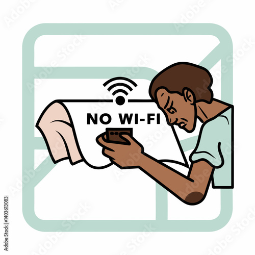 A disheartened person struggles with offline technology, a frustrating disconnect in a minimalist, outlined illustration.