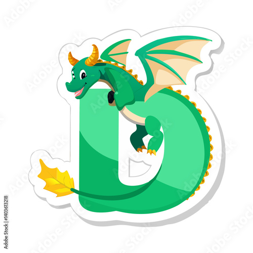 Letter D cartoon with green dragon character breathing fire