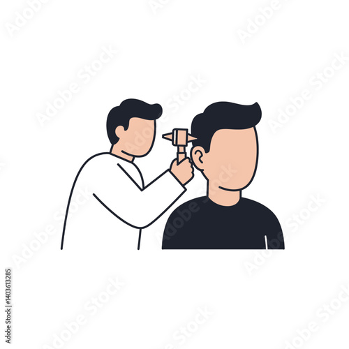 Hearing Exam: A doctor uses an otoscope to examine a patient's ear. The scene emphasizes healthcare and medical checkups, a clean, flat vector illustration.