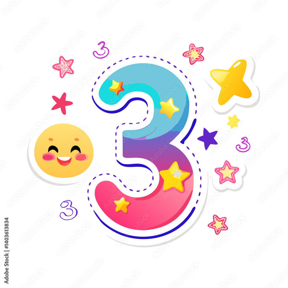 Number 3 cartoon with rainbow gradient and stars Number 3 cartoon with rainbow gradient and stars
