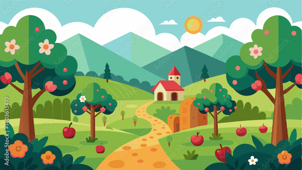 Obraz premium The countryside is truly enchanting as a charming orchard showcases its countless blooming fruit trees inviting visitors to wander and explore.