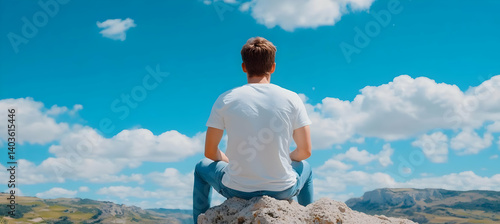 Man Sits on Rock Ledge Overlooking Valley Under a Blue Cloudy Sky Wearing White Tee Shirt and Blue Jeans