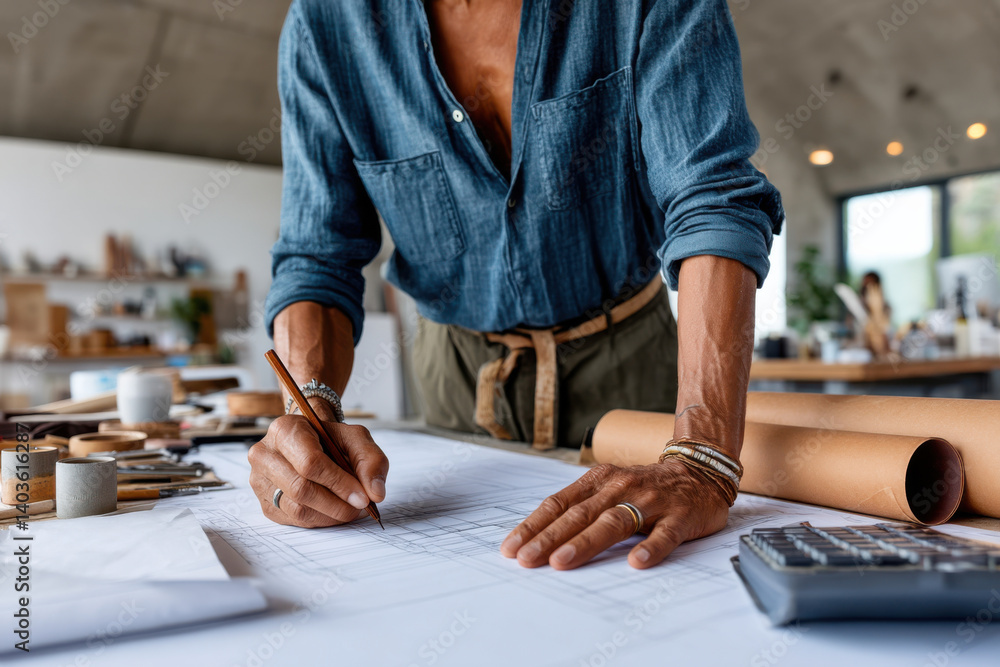 Obraz premium Designer sketches detailed plans in a modern studio during a creative afternoon