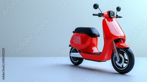 A red scooter is parked in front of a white wall