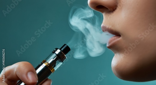 Female caucasian adult vaping with e-cigarette against blue background