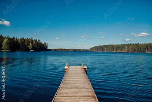 Wallpaper Mural Sunny summer day in Finland with a serene lake, rustic wooden dock, and forest under blue skies Torontodigital.ca
