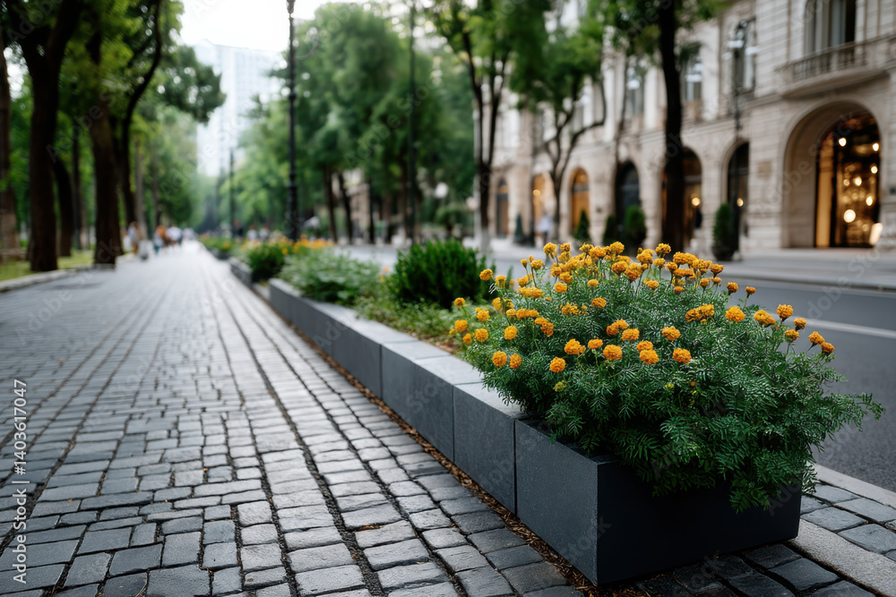 Fototapeta premium Colorful marigolds line a city street along a cobblestone pathway surrounded by greenery and urban architecture