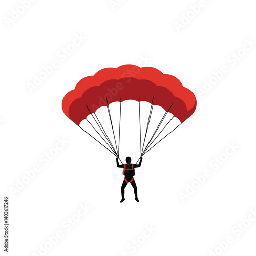 Parachutist descending with red parachute in flat vector art style
