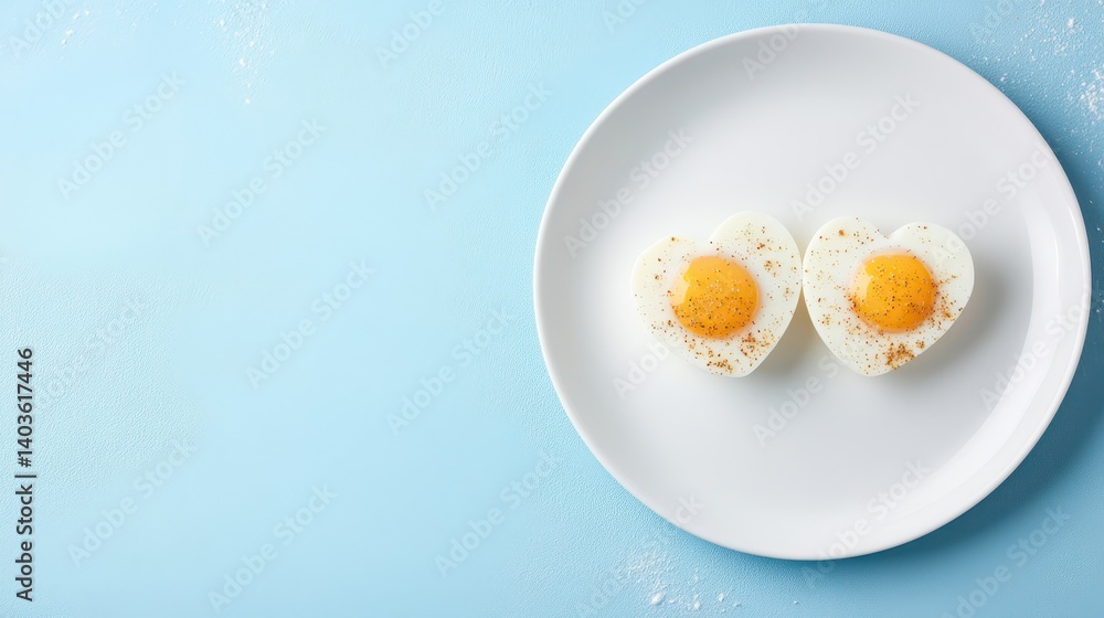 Heart-Shaped Poached Eggs: A heart shaped poached eggs on a white plate with a blue background - a delightful culinary twist, perfect for a romantic breakfast or brunch, symbolizing love and care. Heart-Shaped Poached Eggs: A heart shaped poached eggs on a white plate with a blue background - a delightful culinary twist, perfect for a romantic breakfast or brunch, symbolizing love and care.