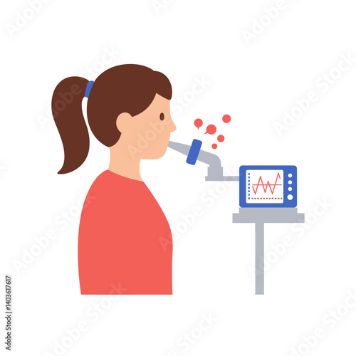 Pulmonary Function Test: A medical illustration of a woman undergoing a pulmonary function test, showcasing respiratory health analysis and assessment of lung capacity.