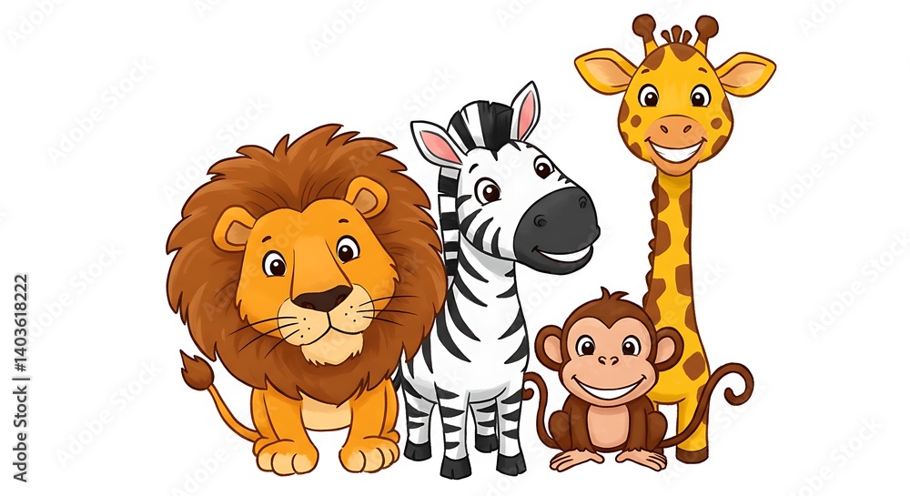 Fototapeta premium Group of cartoon jungle animals smiling: lion, zebra, monkey, and giraffe, transparent background