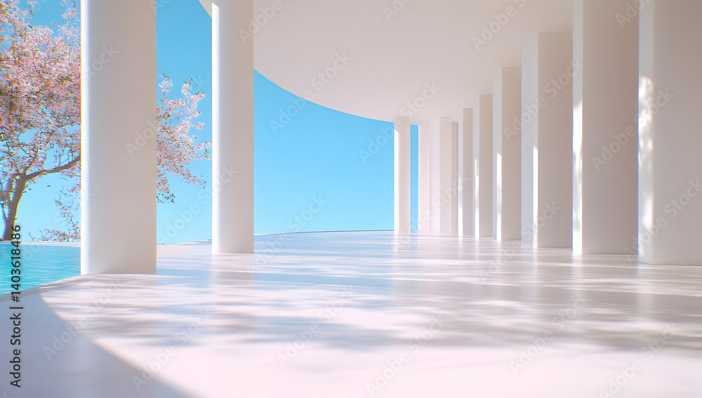 Fototapeta premium Modern White Architecture with Geometric Columns and Minimalist Design Under Blue Sky