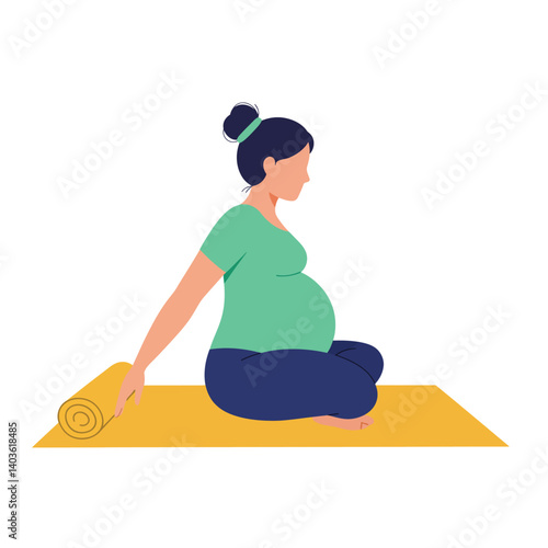 Pregnant woman preparing for yoga on mat in flat vector art