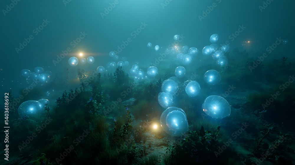 Obraz premium Glowing Orbs Floating Above Dark Landscape with Mist