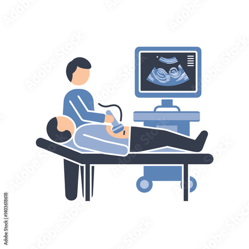 Ultrasound Scan: A flat icon of a doctor performing an ultrasound scan on a patient, with a monitor displaying the results.  
