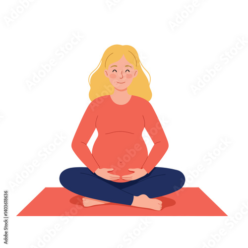 Pregnant woman practicing yoga in flat minimal style vector art
