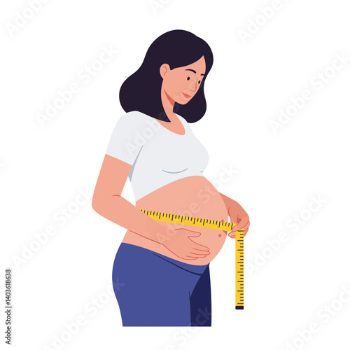 Pregnant woman measuring her belly with tape in flat vector art style