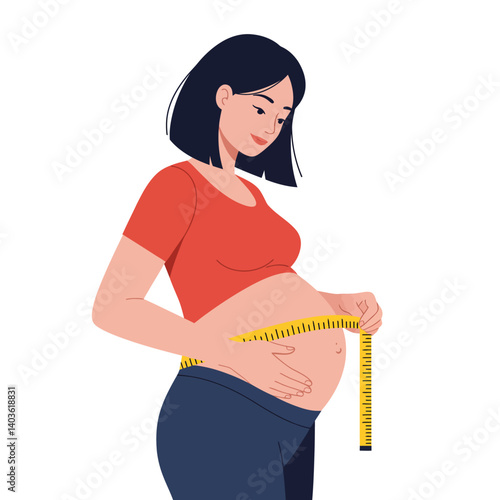Pregnant woman measuring belly with tape in flat vector illustration style
