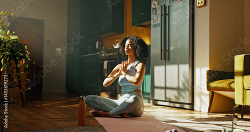 Photography Fitness, meditation and yoga with woman on floor of home for balance, inner peace or mindfulness