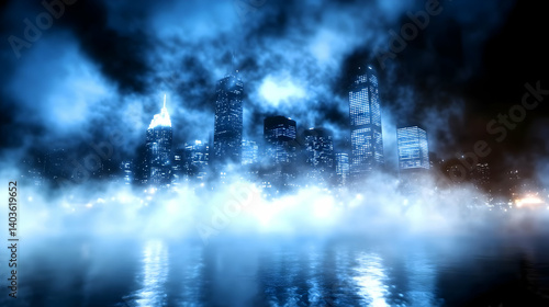 Wallpaper Mural Night Cityscape Skyline with Blue Fog Reflecting on Water Urban Landscape Torontodigital.ca