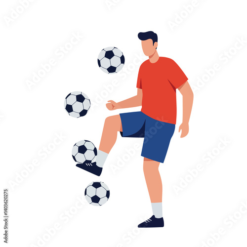 Soccer player juggling balls in a dynamic pose with flat vector art style vector illustration