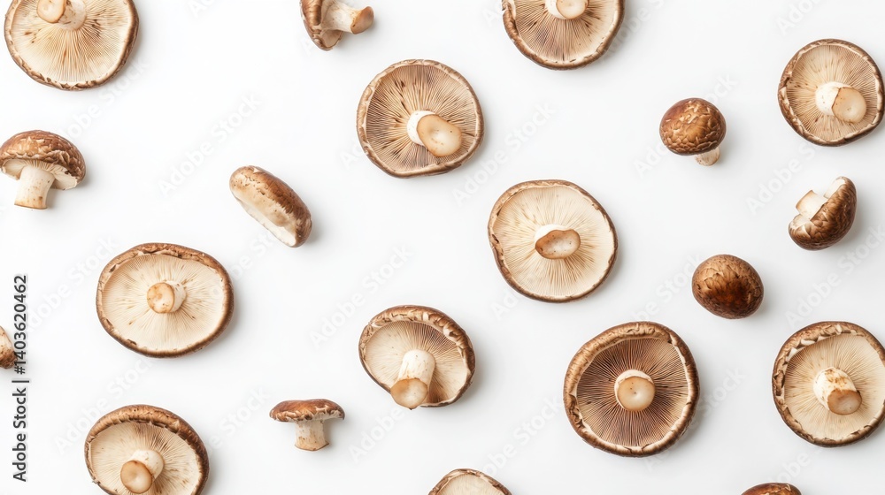Shiitake mushroom slices and whole mushrooms on white background, clean layout Shiitake mushroom slices and whole mushrooms on white background, clean layout