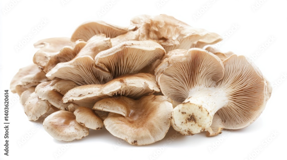 Studio image of oyster mushrooms with delicate gills on bright white background Studio image of oyster mushrooms with delicate gills on bright white background