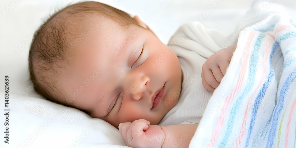 Peaceful Newborn Baby Sleeping Soundly in Soft Striped Blanket on White Bedding Peaceful Newborn Baby Sleeping Soundly in Soft Striped Blanket on White Bedding