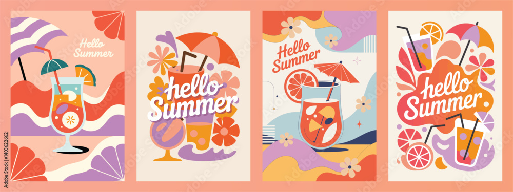 Minimalist Geometric Summer Vector with bold paper cutout shapes like waves, sun, cocktails, beach umbrellas, and ice cream. Modern Botanical Vector Design for celebration, ads, branding, Minimalist Geometric Summer Vector with bold paper cutout shapes like waves, sun, cocktails, beach umbrellas, and ice cream. Modern Botanical Vector Design for celebration, ads, branding,