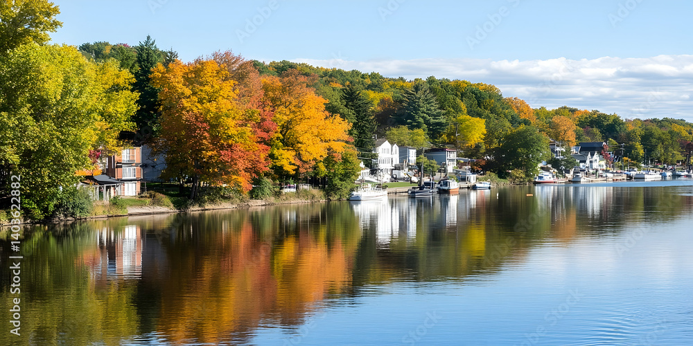 Picturesque Autumn Scene of Colorful Houses Reflected in Calm Water Under Clear Sky Featuring Vibrant Trees and Foliage Picturesque Autumn Scene of Colorful Houses Reflected in Calm Water Under Clear Sky Featuring Vibrant Trees and Foliage