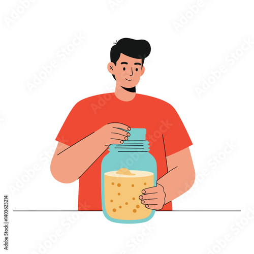 Man holding jar filled with ingredients in flat vector illustration style vector art