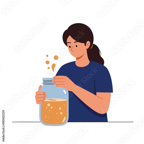 Woman interacting with jar, flat design showcasing fermentation process in vector art