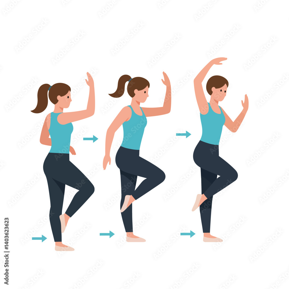 Woman performing dance moves in three frames, flat design vector art Woman performing dance moves in three frames, flat design vector art