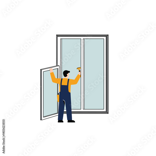 Worker installing window frame in flat design style vector art
