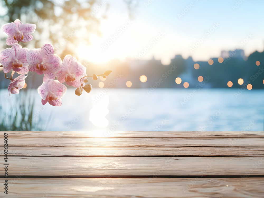 Pink Orchid with Wooden Table Top and Blurry Water Scenery Against Sunset Light Pink Orchid with Wooden Table Top and Blurry Water Scenery Against Sunset Light