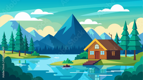 Surrounded by a lush forest a quaint cabin with a thatched roof stands by the shore of a crystalclear lake.