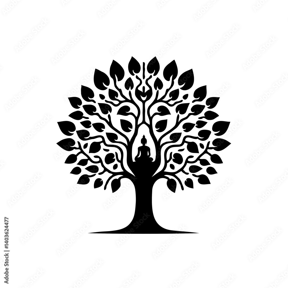 Bodhi Tree with Buddha Silhouette in Black and White Design Bodhi Tree with Buddha Silhouette in Black and White Design
