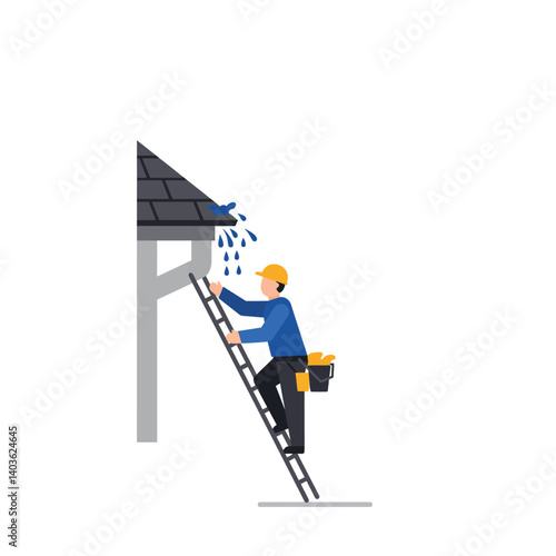 Worker on Ladder Fixing Roof Gutter in Flat Vector Art Style