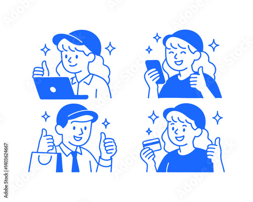 happy customer doodle cartoon drawing vector illustration set with Varied Poses and Expressions