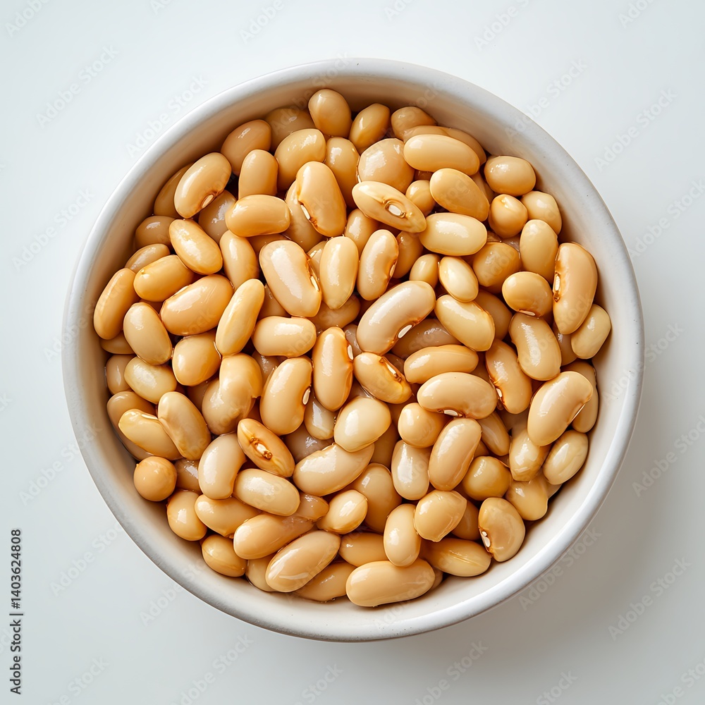 Bowl of Cannellini Beans: A close-up overhead shot of a bowl brimming with creamy cannellini beans, showcasing their smooth texture and pale color. Bowl of Cannellini Beans: A close-up overhead shot of a bowl brimming with creamy cannellini beans, showcasing their smooth texture and pale color.